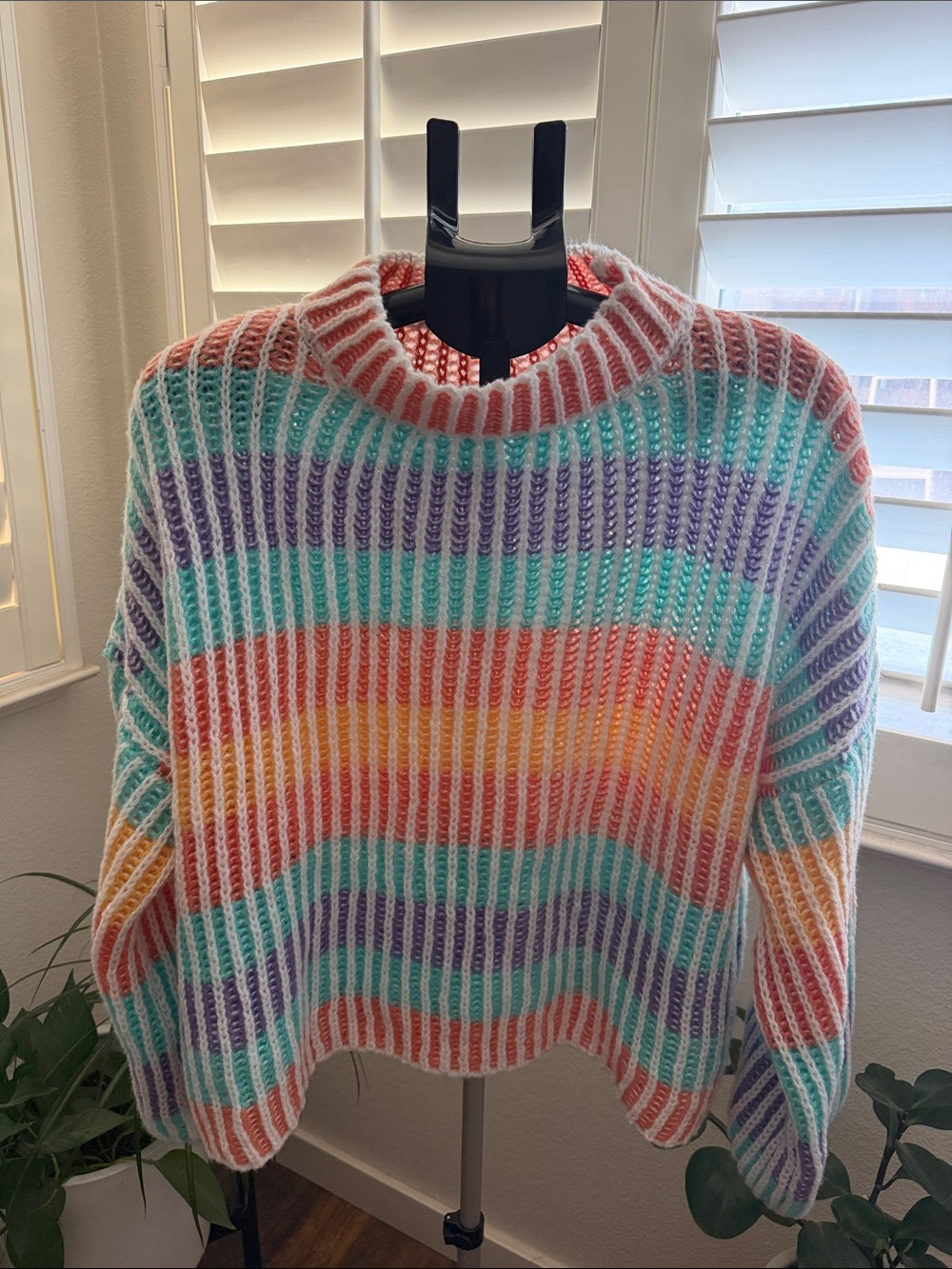 POL Colorblock Striped Mock-Neck Sweater in Coral, Teal, Lavender, L Boho